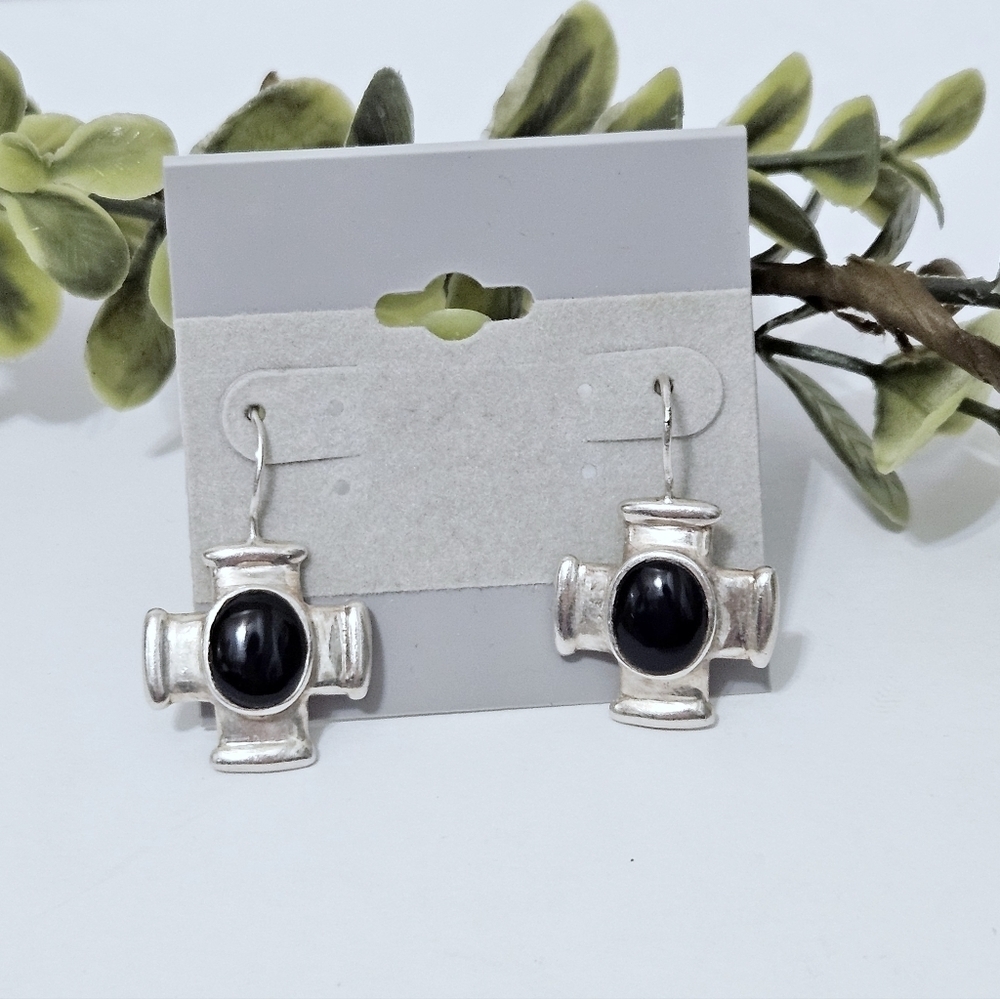 Vintage Sterling Onyx Cross Earrings
